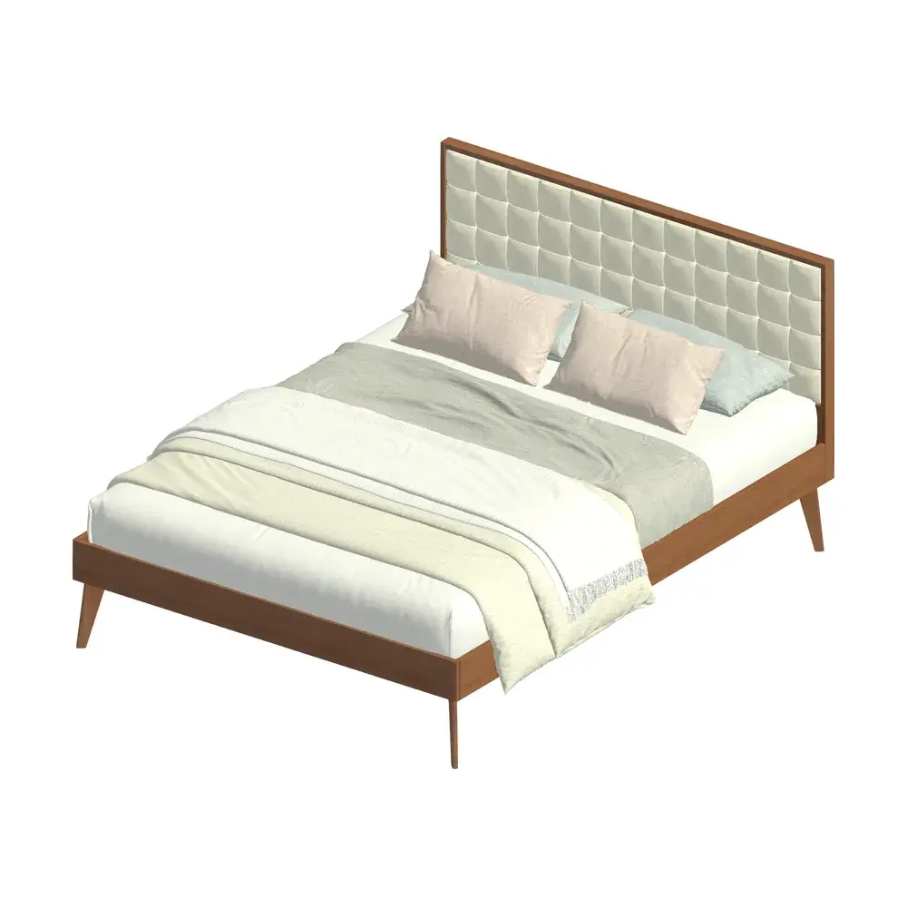 An upholstered bed with a tufted headboard, layered bedding and a wood frame, imported into Revit