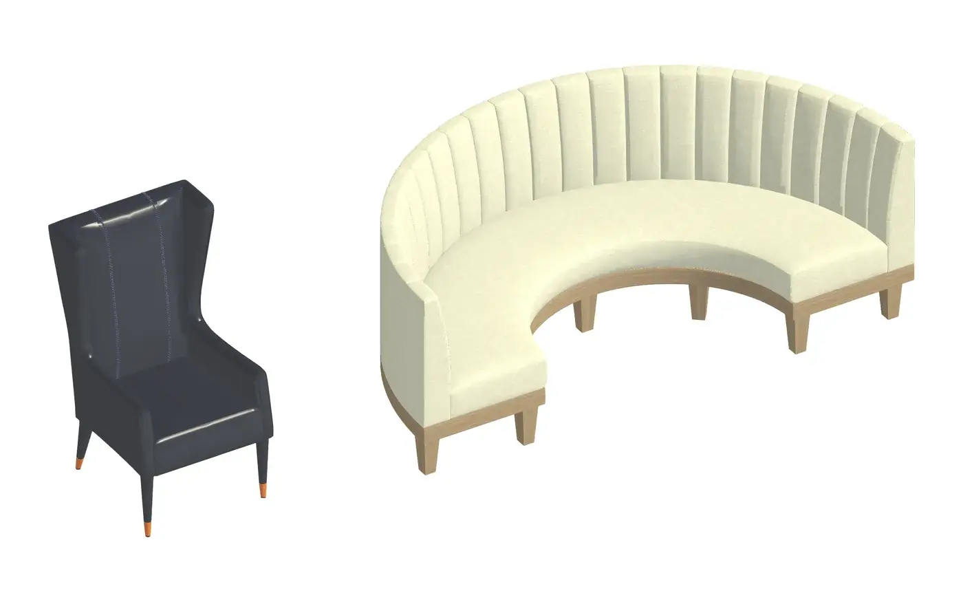 A wingback chair and a curved booth imported into Revit, shown textured in a 3D view