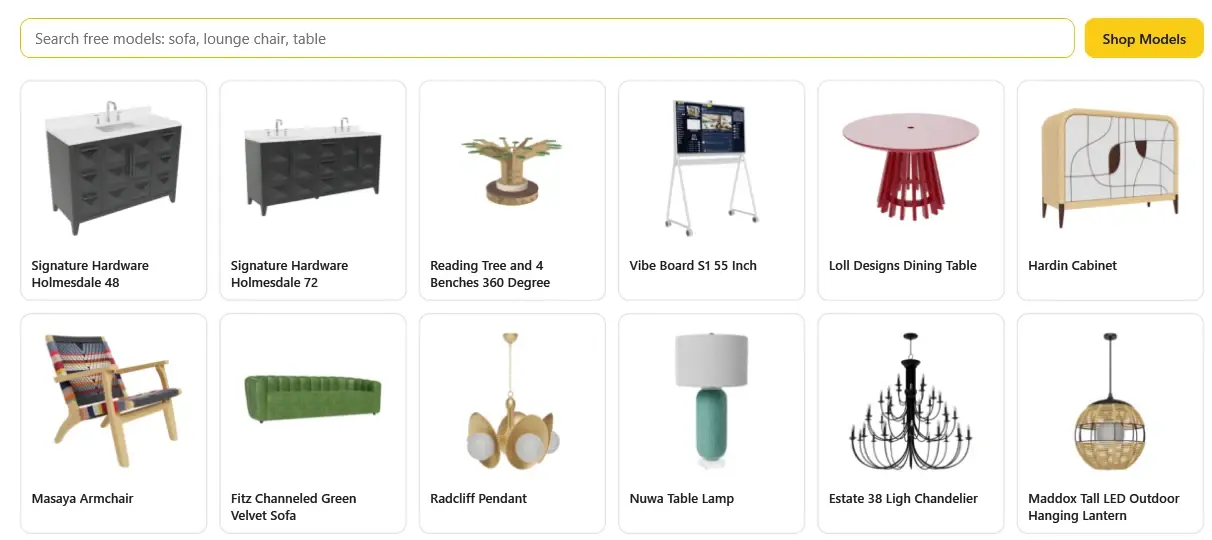 The IDColab Library window in Revit, showing a searchable grid of free furniture and lighting models and a Shop Models button