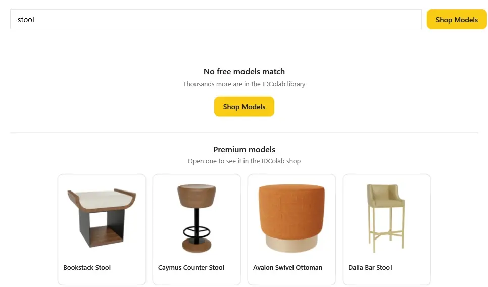 A Library search for stools in Revit, with premium stool models that open in the IDColab shop