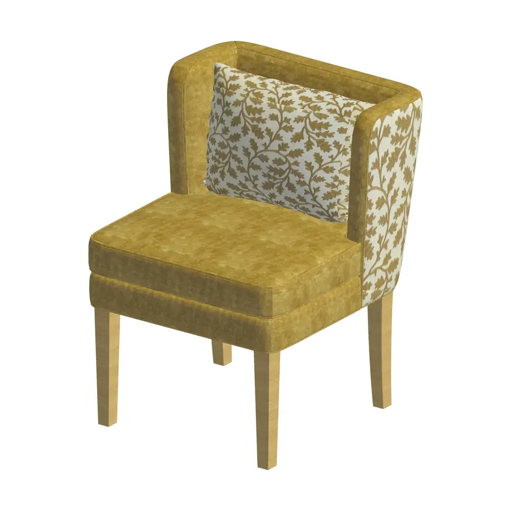 A velvet chair with a leaf pattern fabric on its back and pillow, imported into Revit