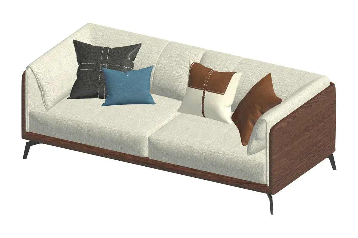 A sofa with ivory woven cushions, accent pillows and a wood frame, imported into Revit with its textures