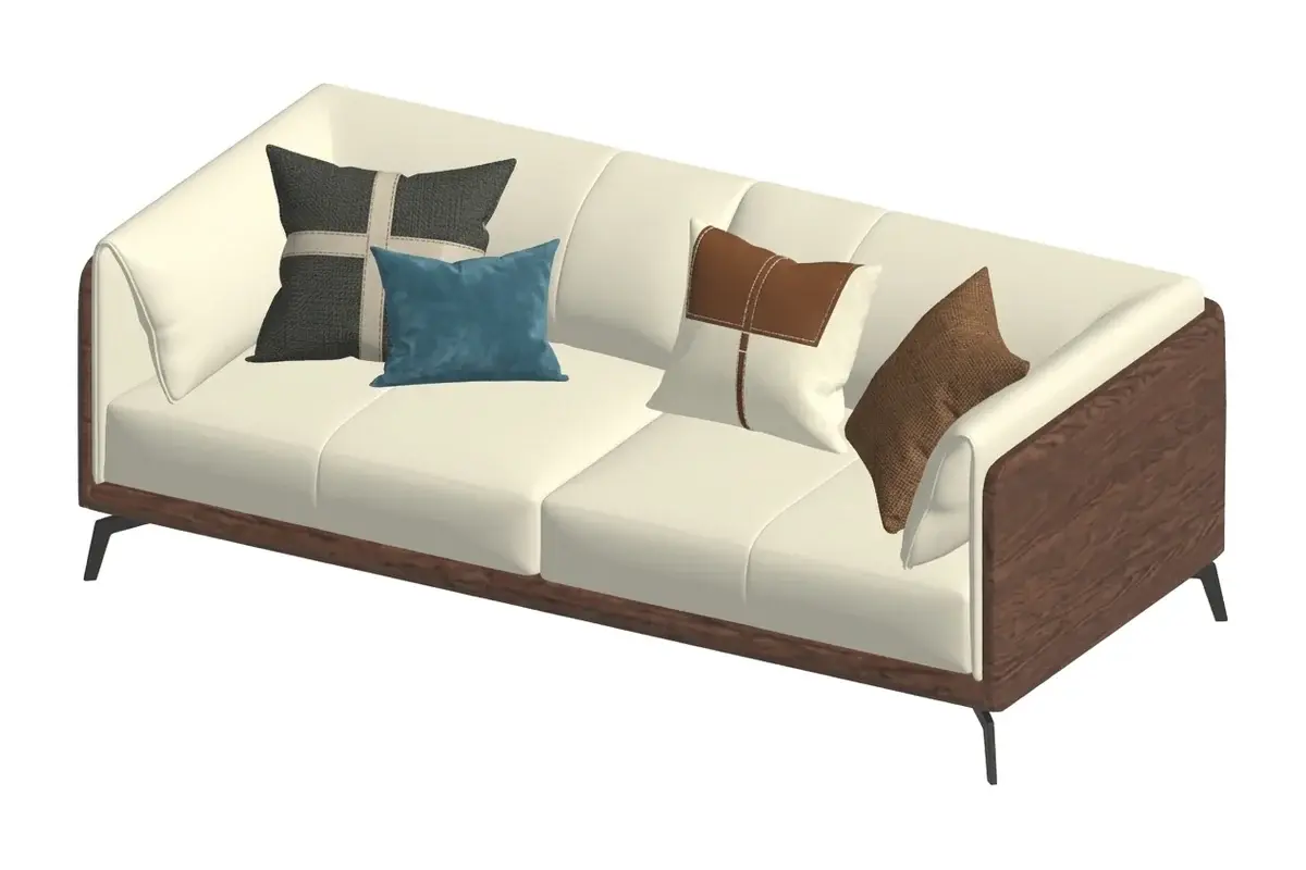 An imported sofa with solid ivory upholstery, a walnut frame and accent pillows