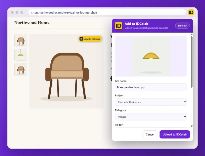 Adding a pendant lamp image from a product page to an IDColab project