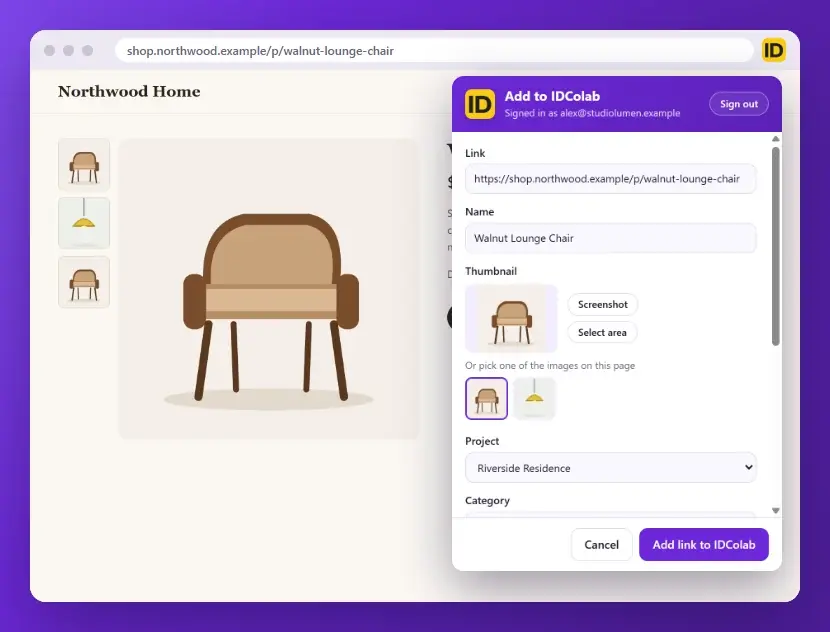 The Add to IDColab window open on a lounge chair product page, with the link, name and picture already filled in
