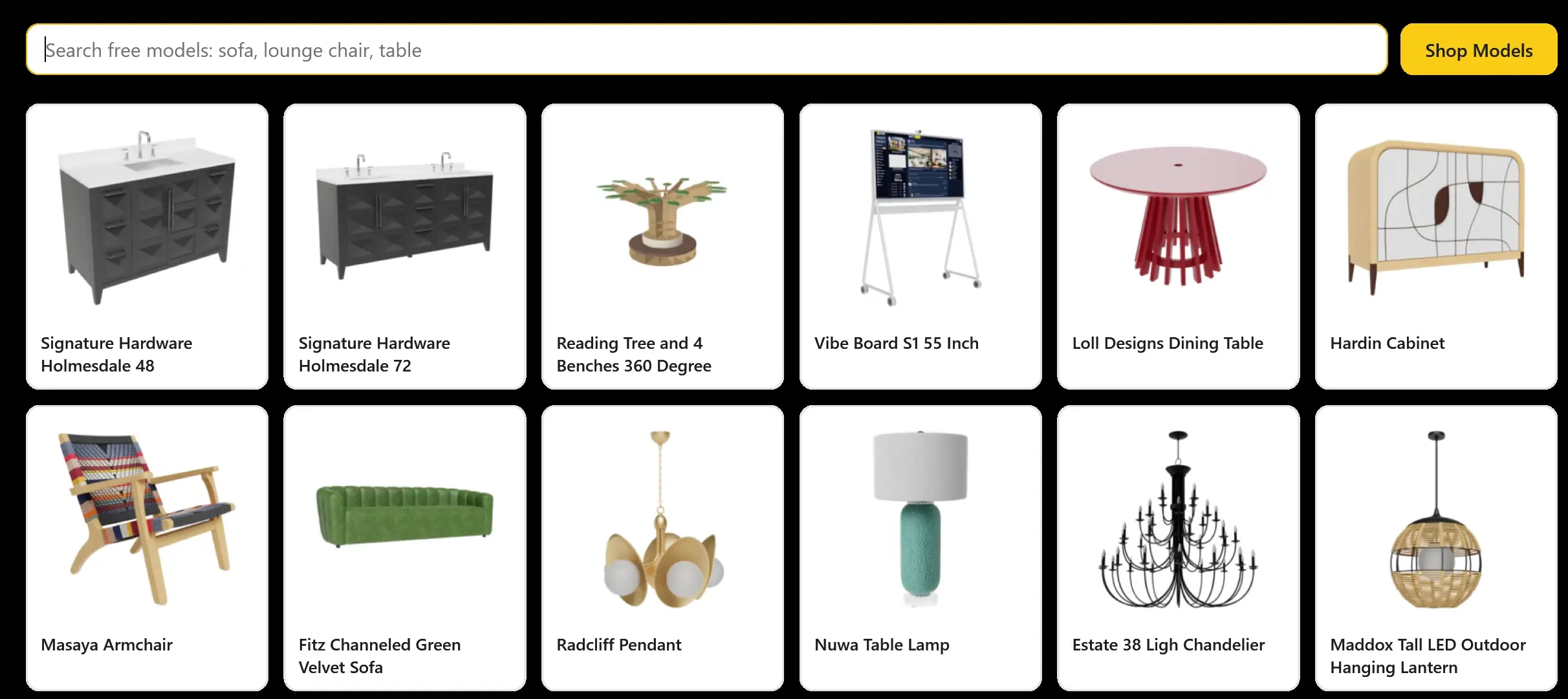 The IDColab Library window in Revit, showing a searchable grid of free furniture and lighting models and a Shop Models button